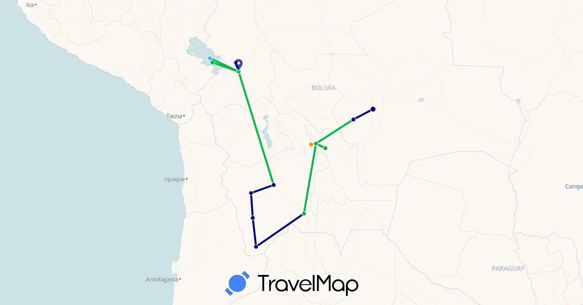 TravelMap itinerary: driving, bus, boat, hitchhiking in Bolivia (South America)